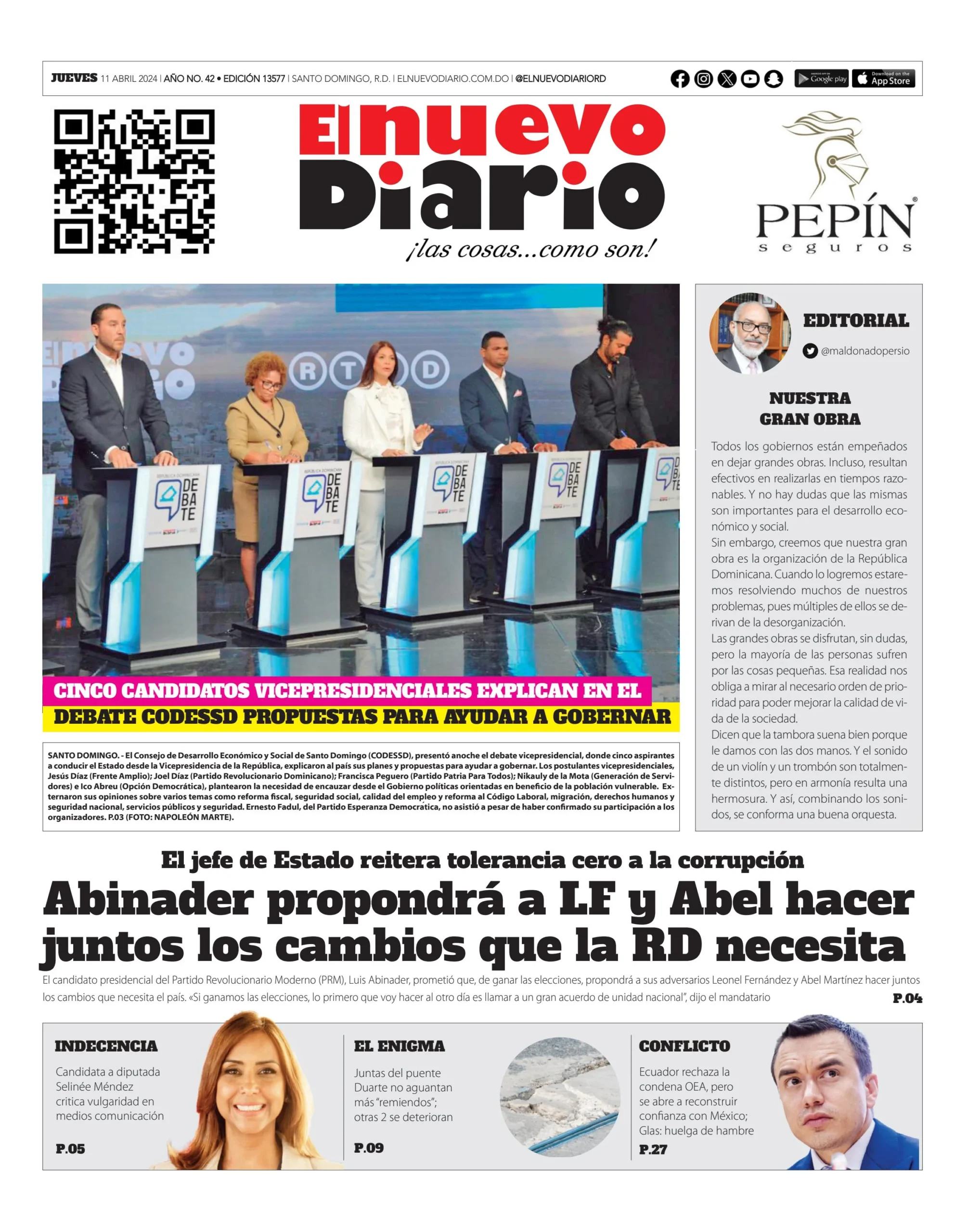Portada Periódico El Nuevo Diario, Jueves 11 Abril, 2024