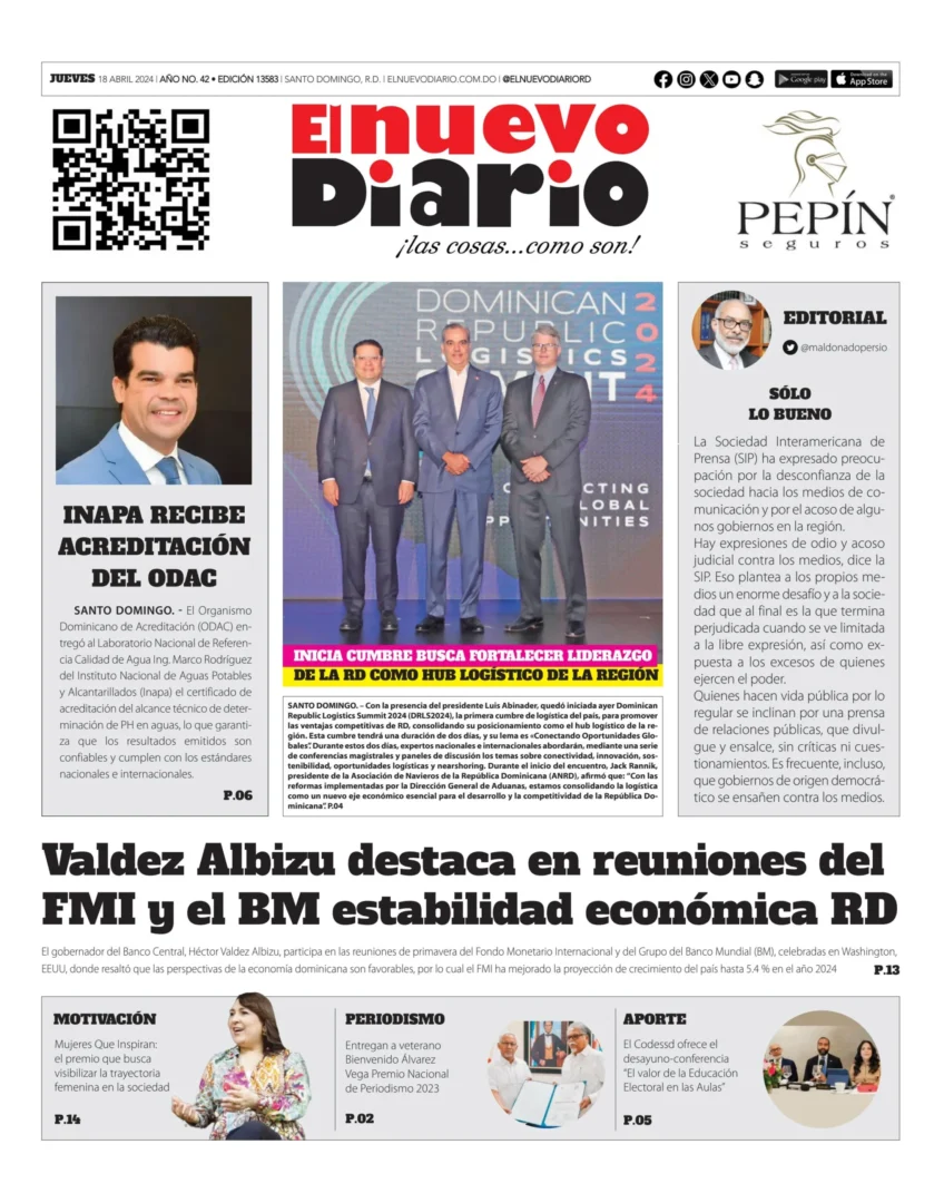 Portada Periódico El Nuevo Diario, Jueves 18 Abril, 2024