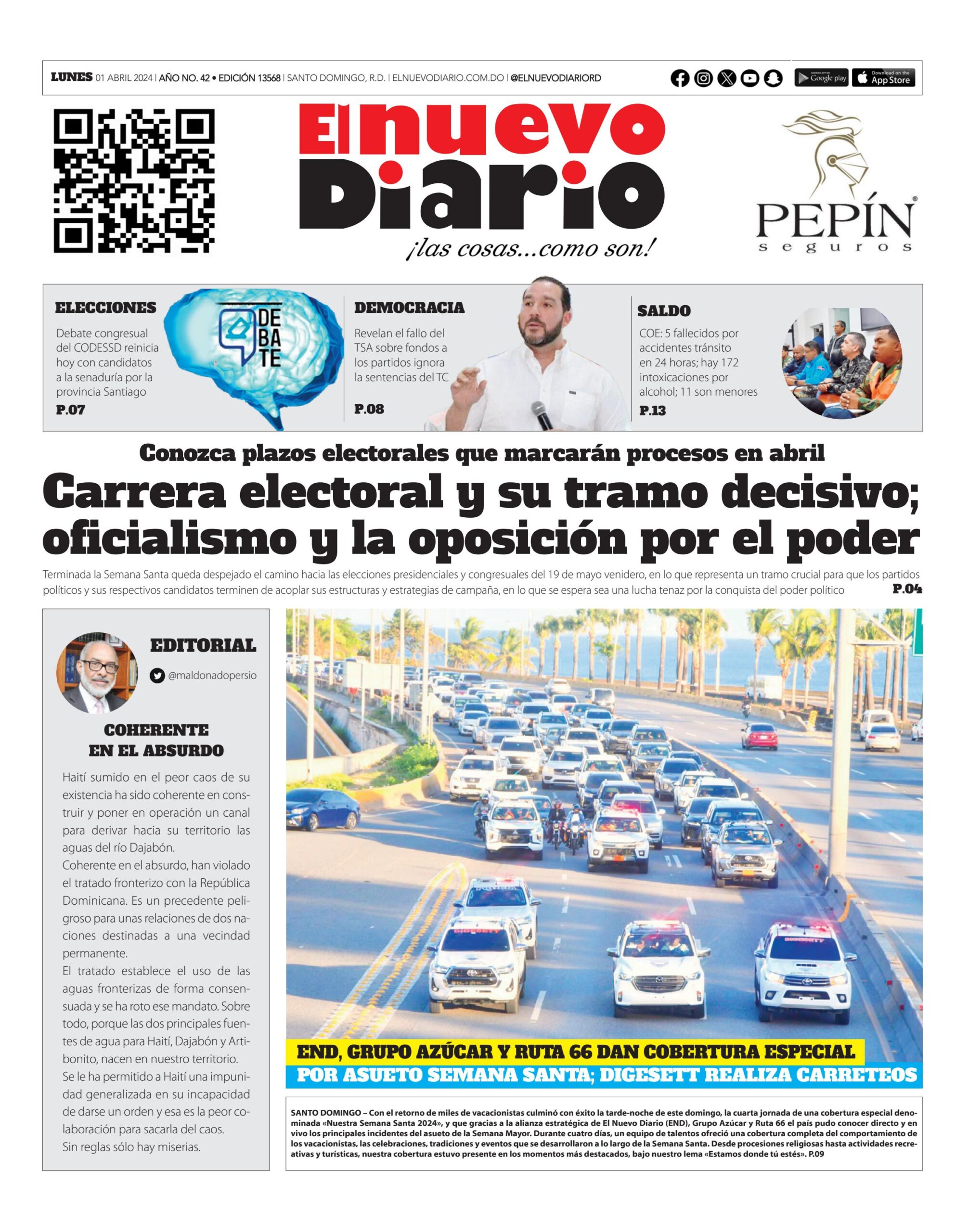 Portada Periódico El Nuevo Diario, Lunes 01 Abril, 2024