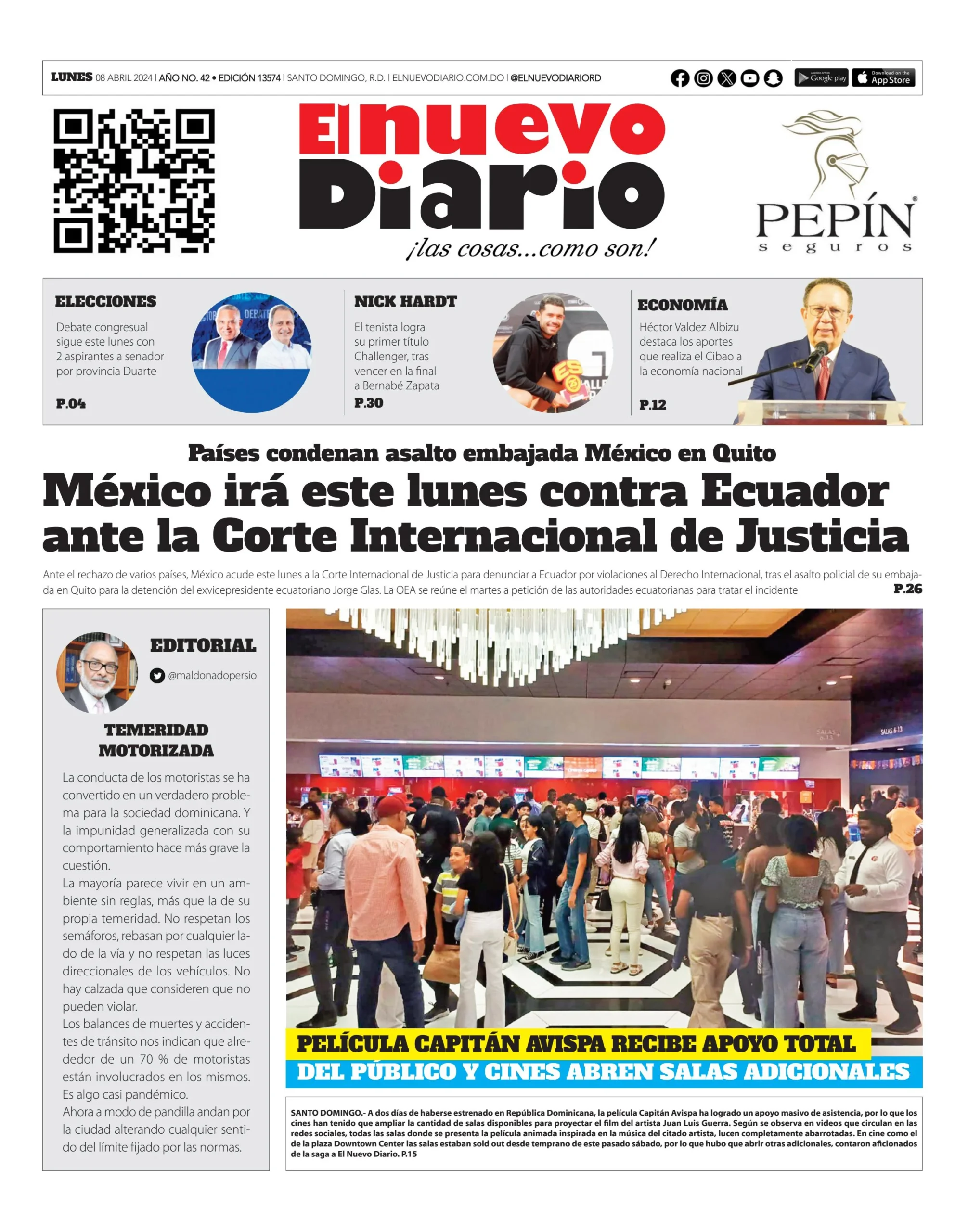 Portada Periódico El Nuevo Diario, Lunes 08 Abril, 2024