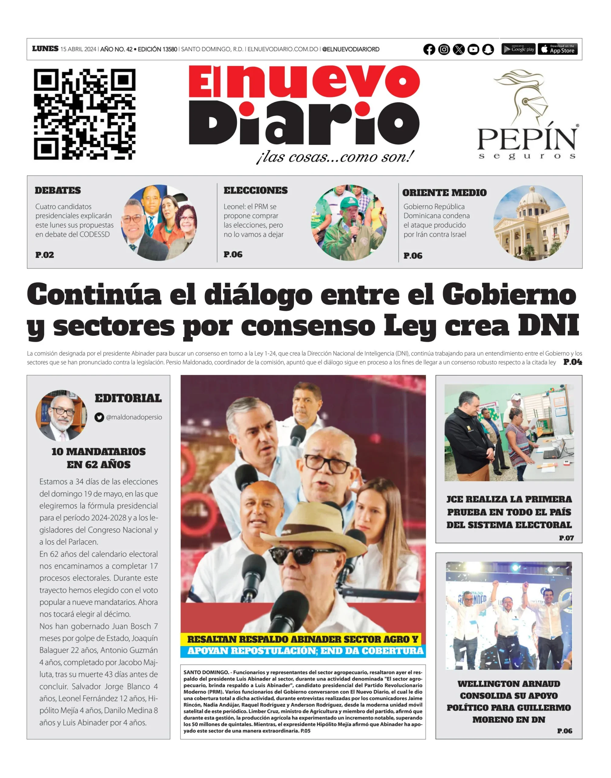 Portada Periódico El Nuevo Diario, Lunes 15 Abril, 2024