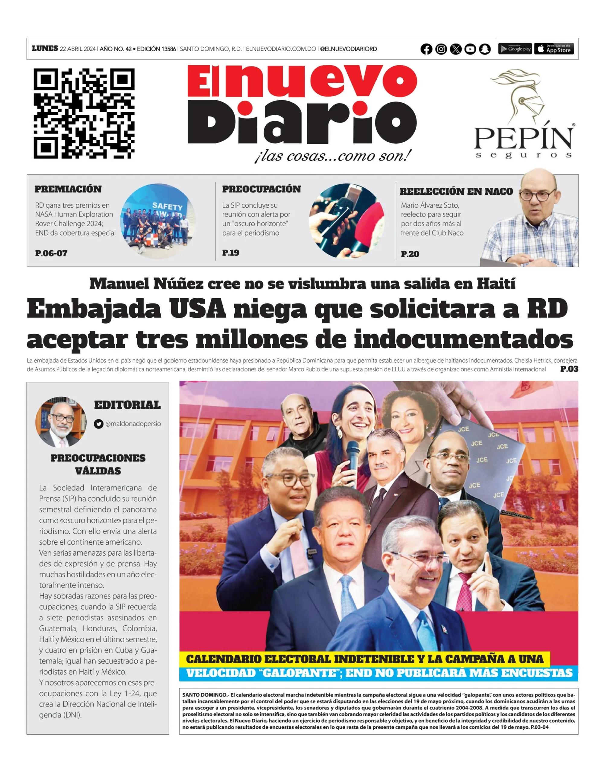 Portada Periódico El Nuevo Diario, Lunes 22 Abril, 2024