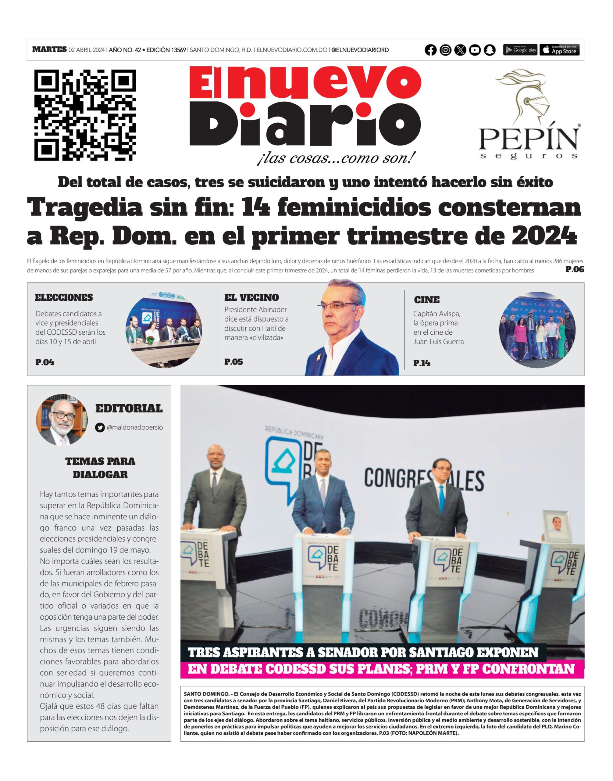 Portada Periódico El Nuevo Diario, Martes 02 Abril, 2024