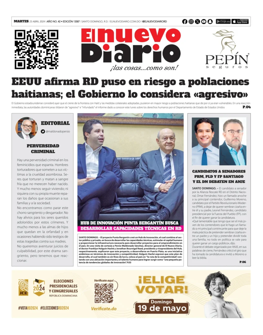 Portada Periódico El Nuevo Diario, Martes 23 Abril, 2024