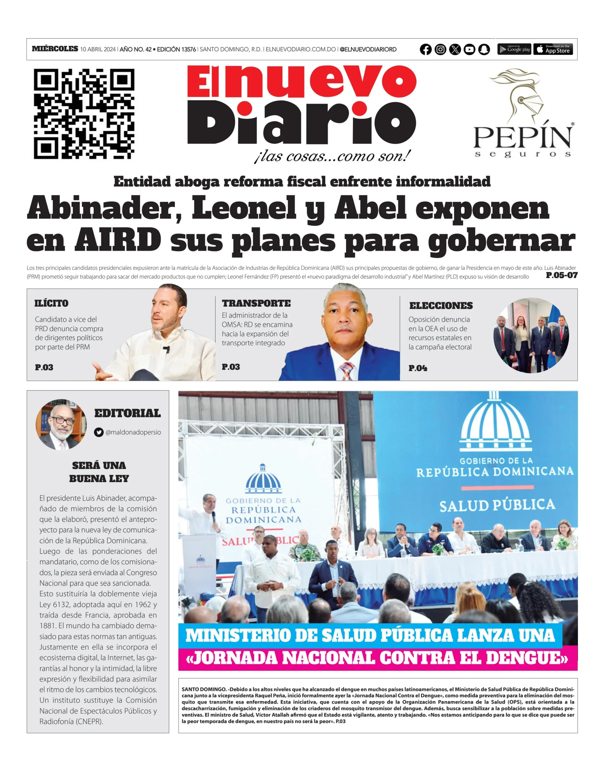Portada Periódico El Nuevo Diario, Miércoles 10 Abril, 2024