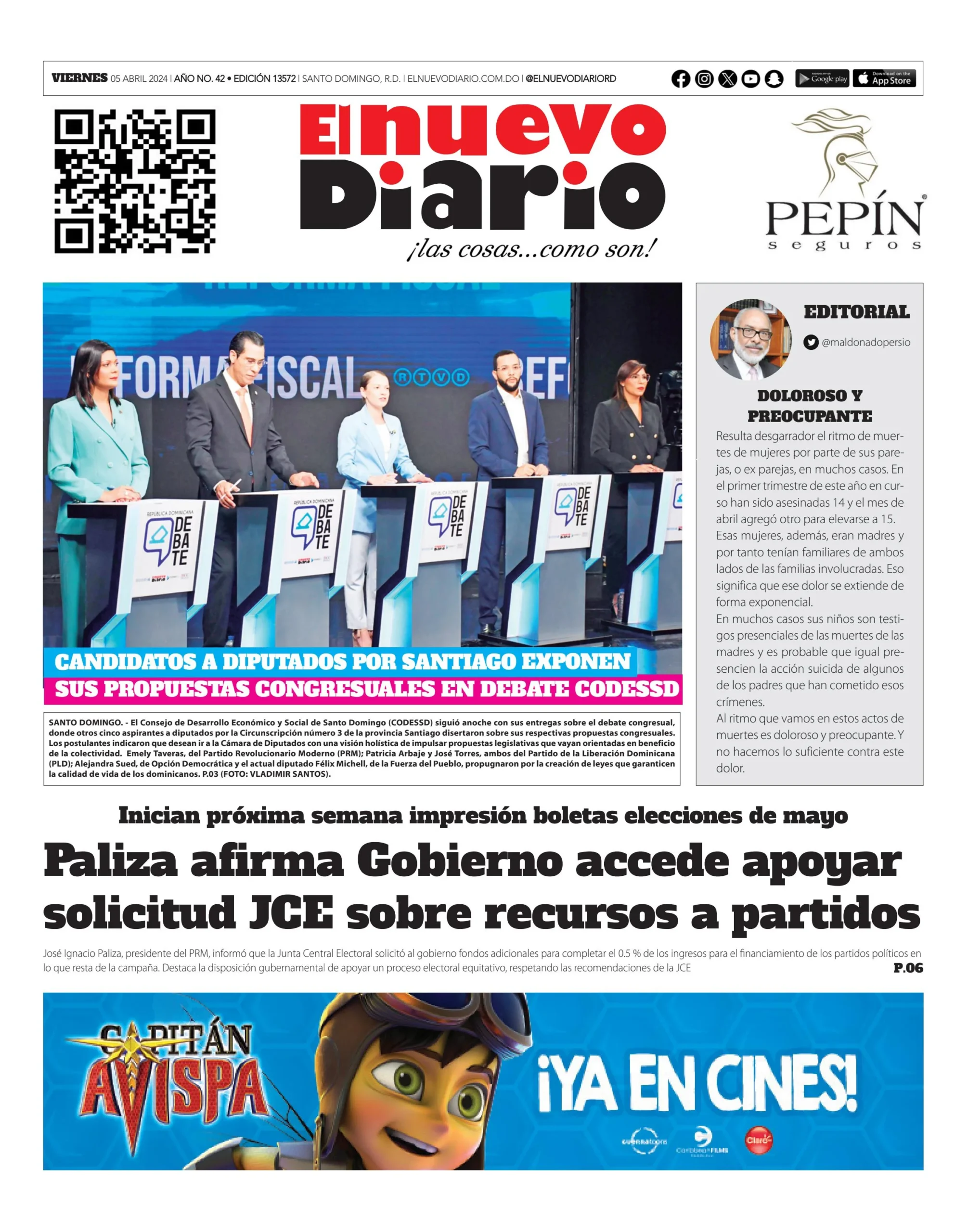 Portada Periódico El Nuevo Diario, Viernes 05 Abril, 2024