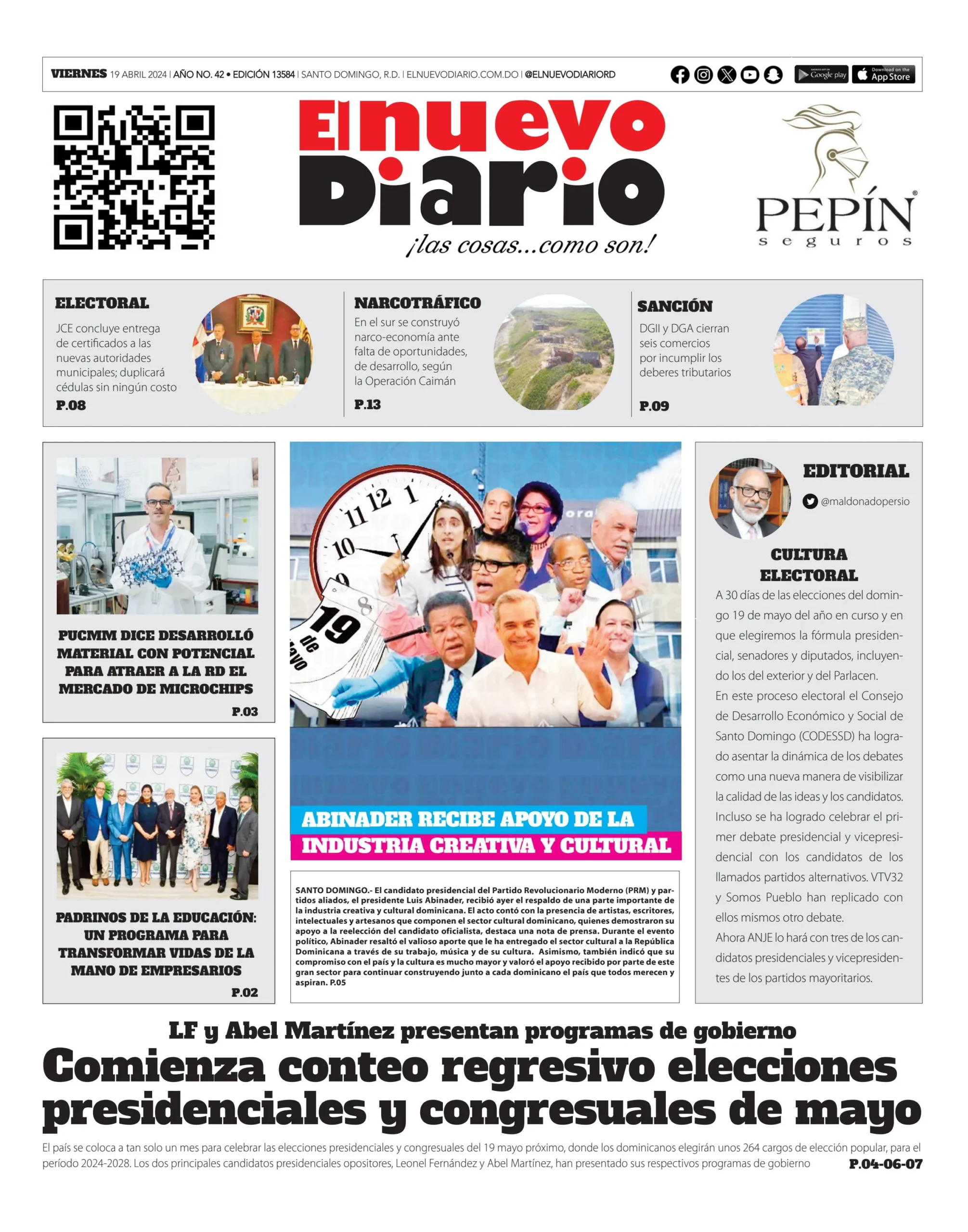 Portada Periódico El Nuevo Diario, Viernes 19 Abril, 2024