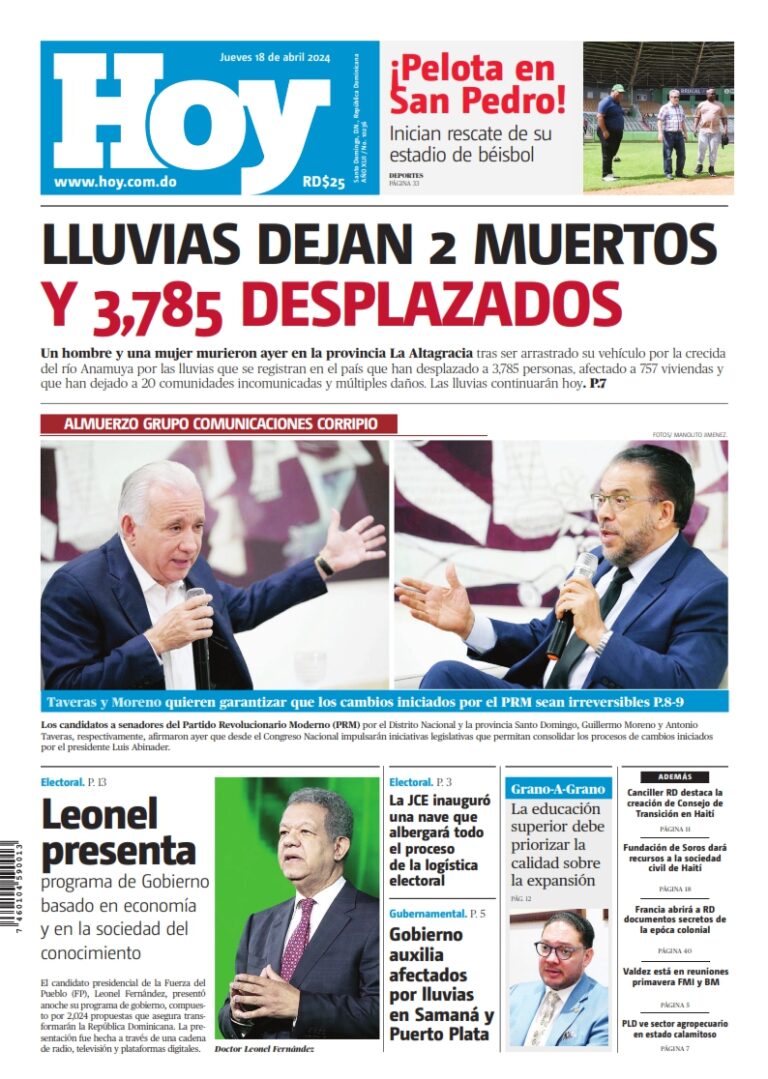 Portada Periódico Hoy, Jueves 18 Abril, 2024 - Dominicana.do