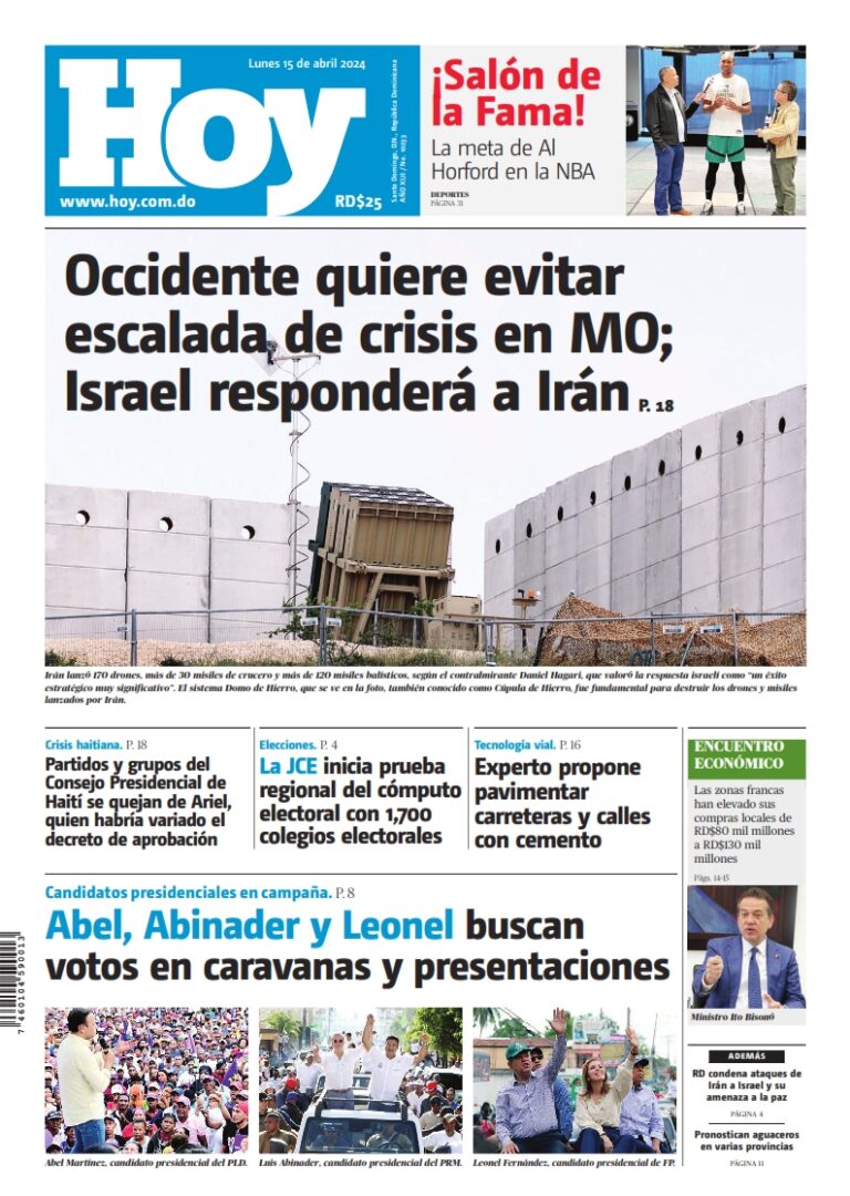 Portada Periódico Hoy, Lunes 15 Abril, 2024
