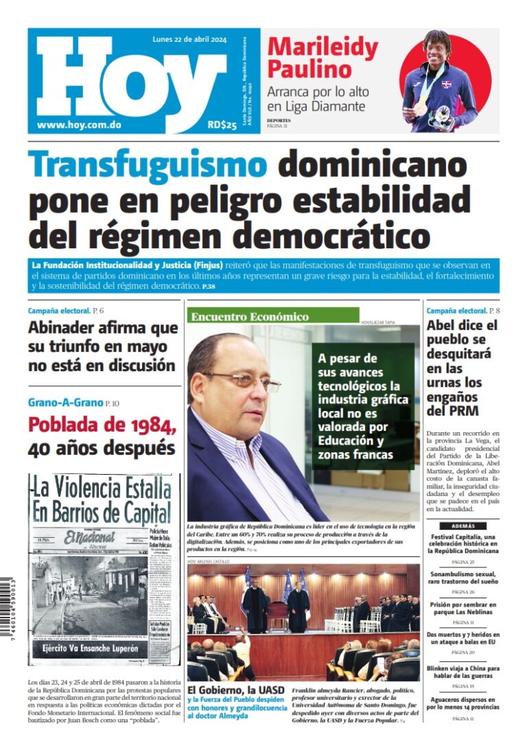 Portada Periódico Hoy, Lunes 22 Abril, 2024