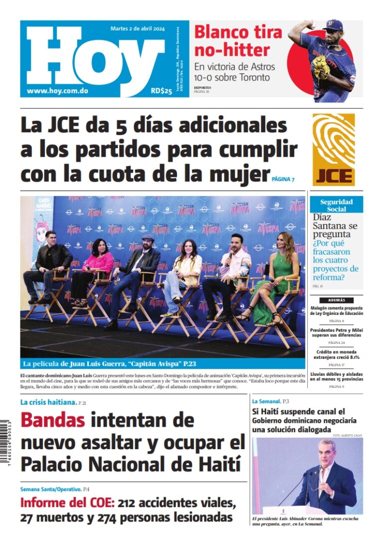 Portada Periódico Hoy, Martes 02 Abril, 2024