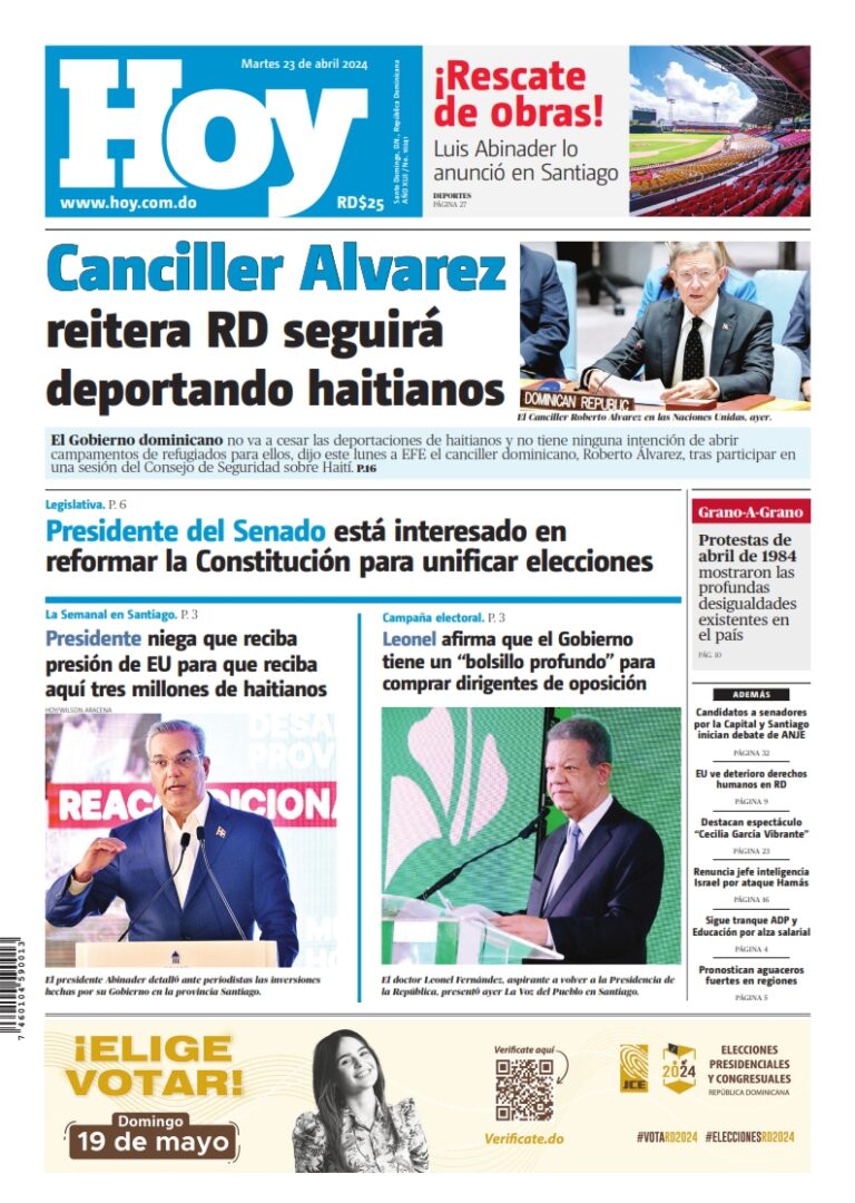 Portada Periódico Hoy, Martes 23 Abril, 2024