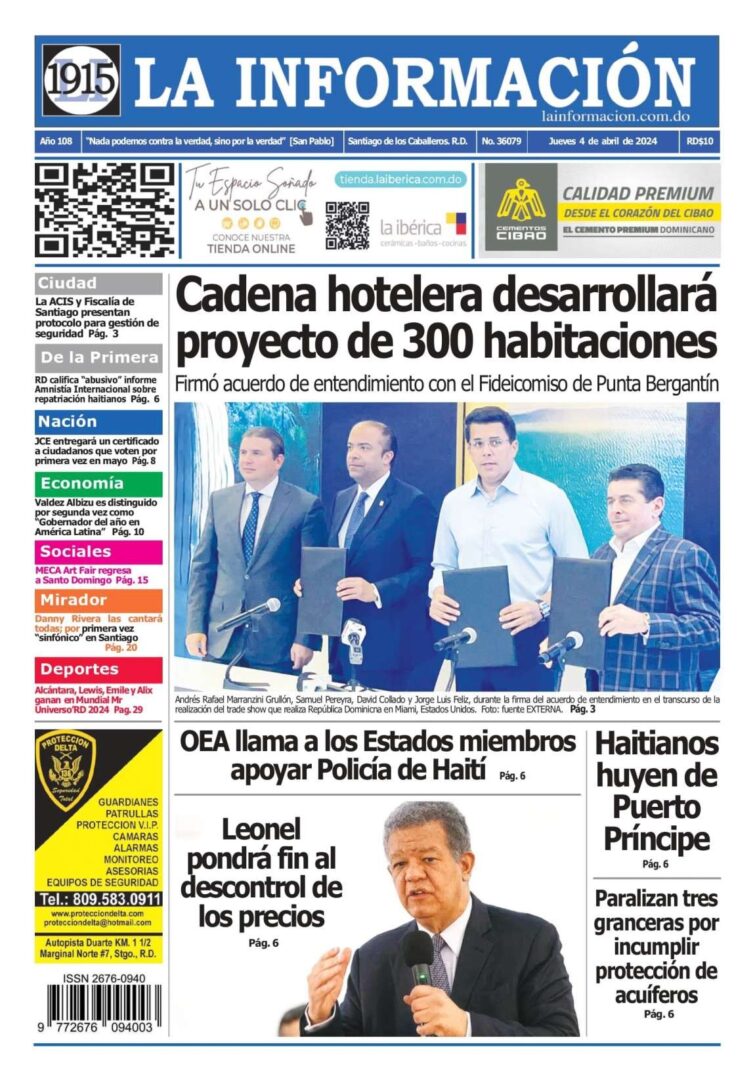 Portada Periódico La Información, Jueves 04 Abril, 2024