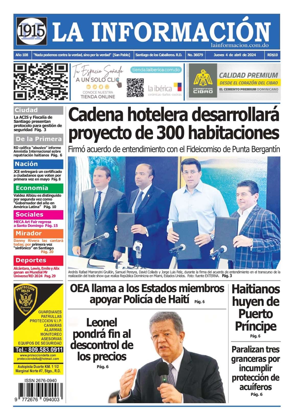Portada Periódico La Información, Jueves 04 Abril, 2024