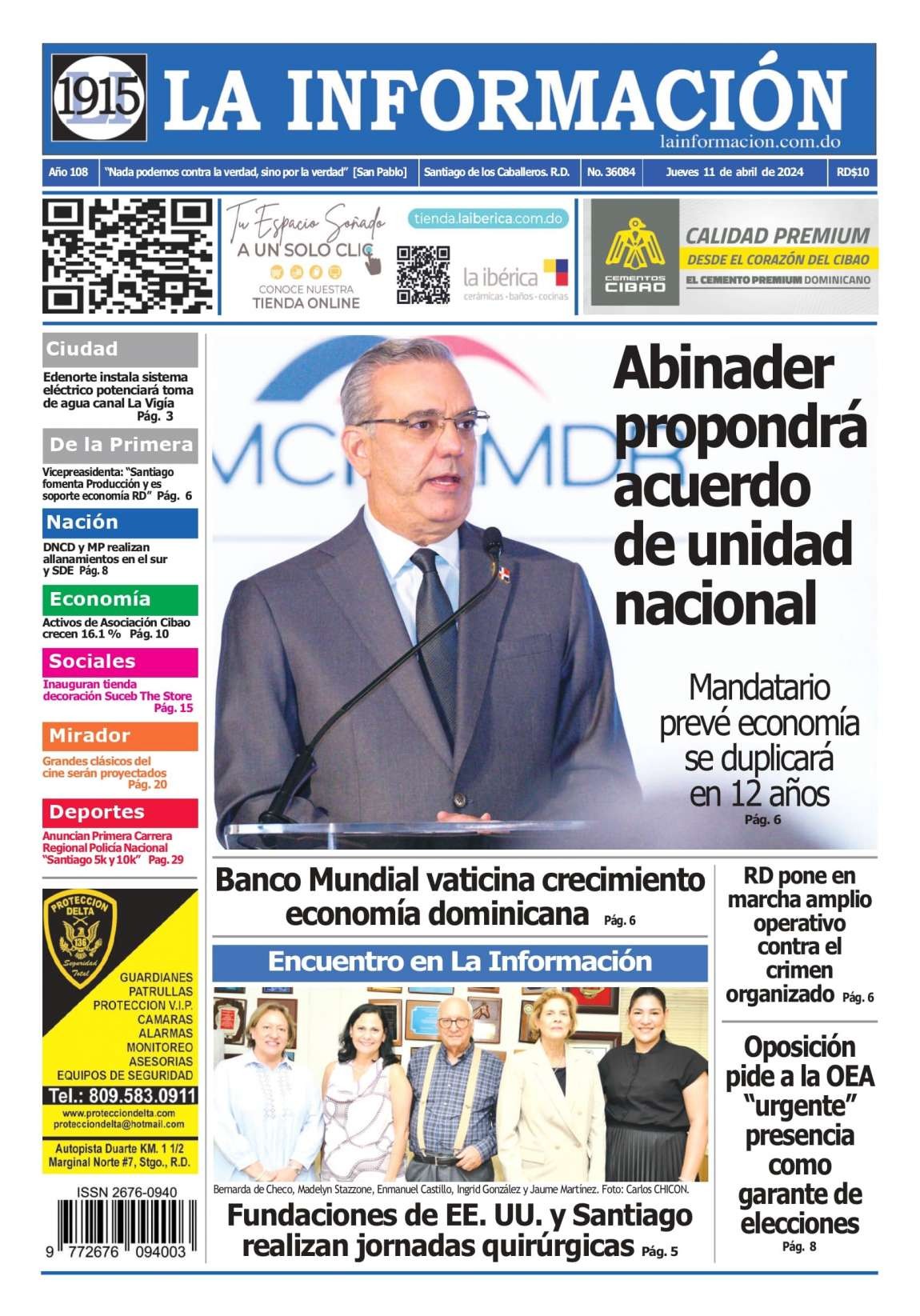 Portada Periódico La Información, Jueves 11 Abril, 2024