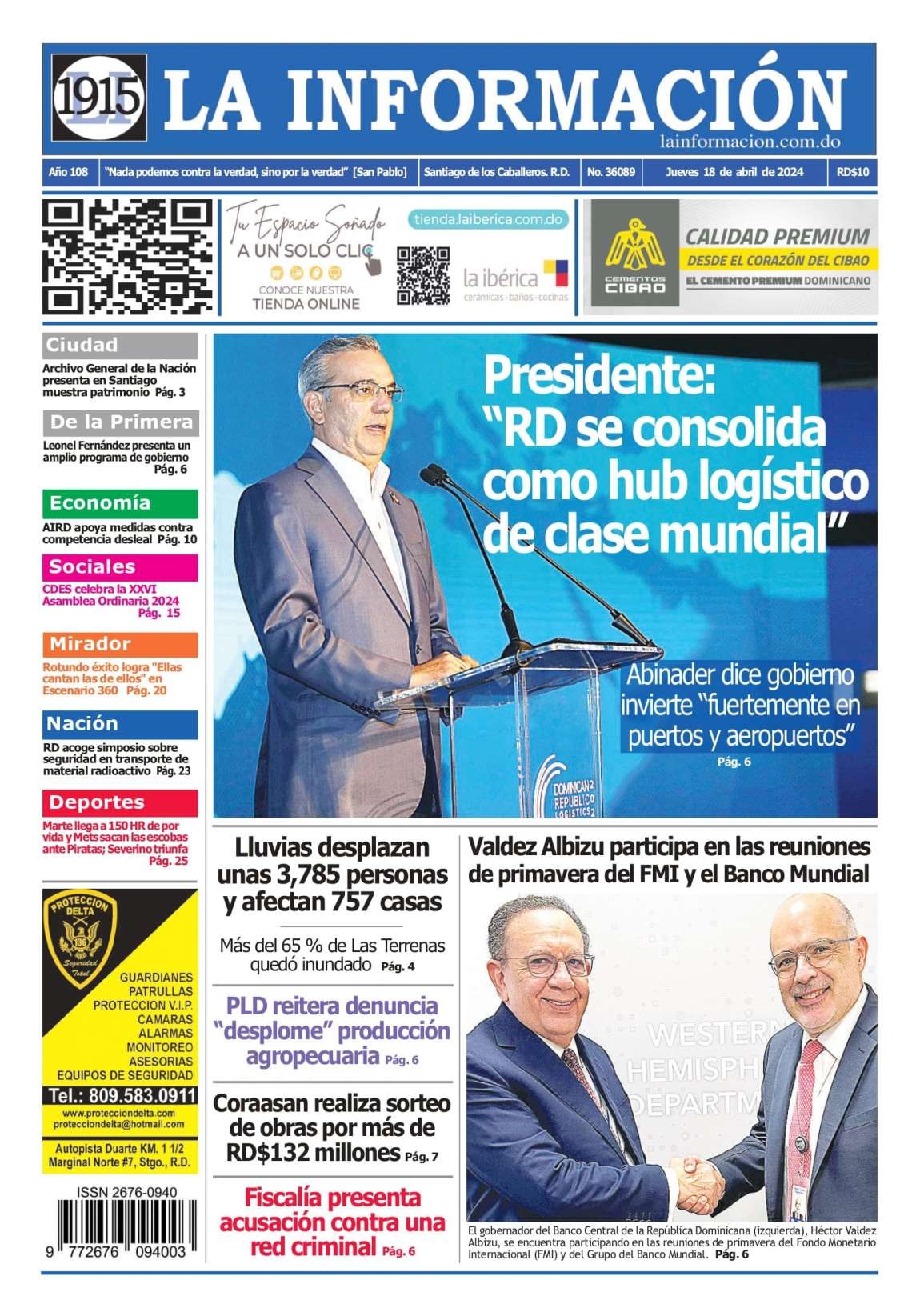 Portada Periódico La Información, Jueves 18 Abril, 2024