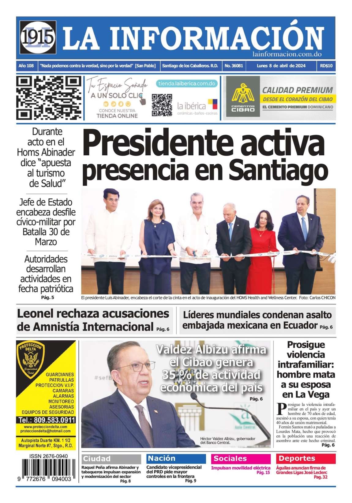 Portada Periódico La Información, Lunes 08 Abril, 2024