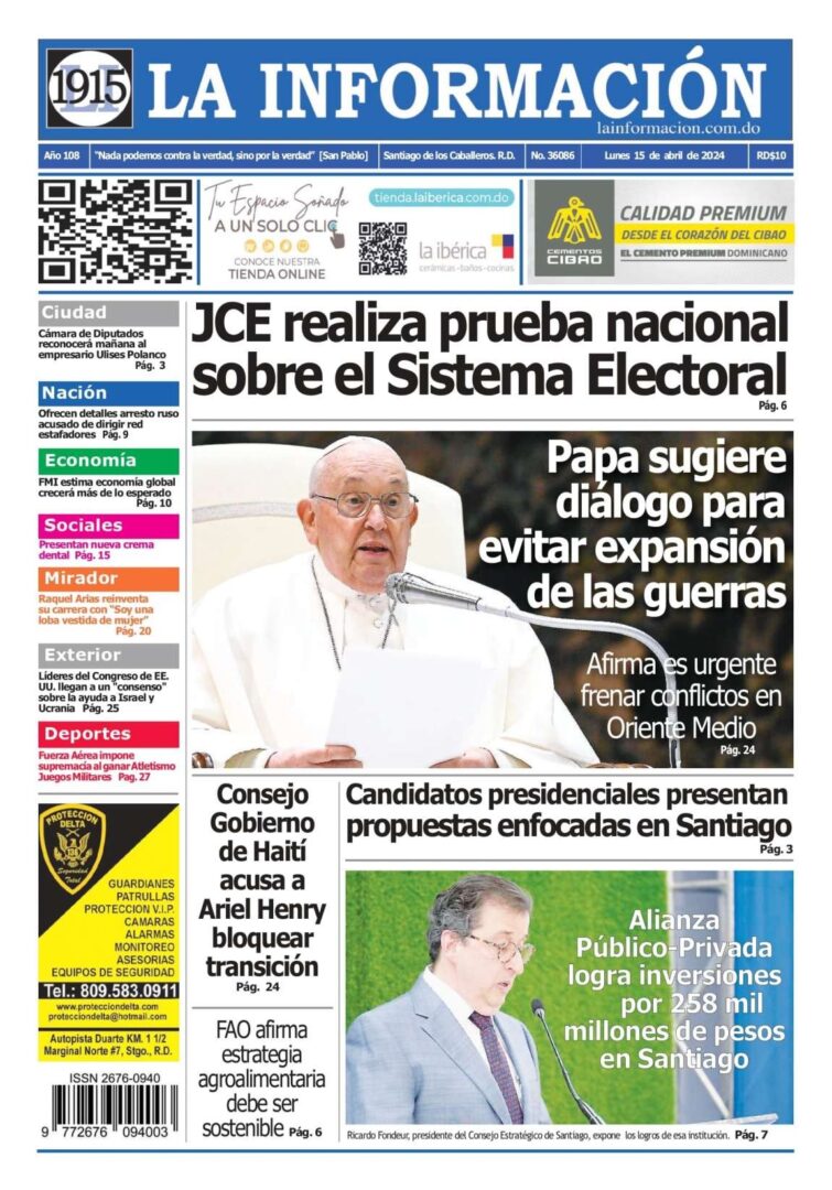 Portada Periódico La Información, Lunes 15 Abril, 2024