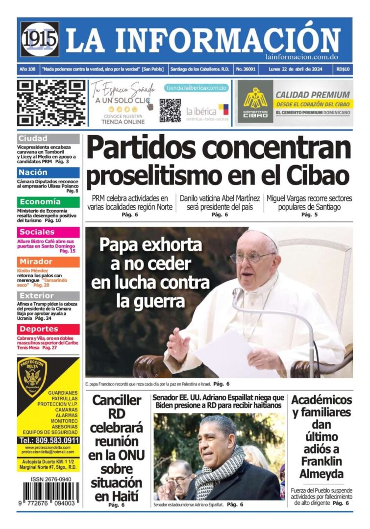 Portada Periódico La Información, Lunes 22 Abril, 2024
