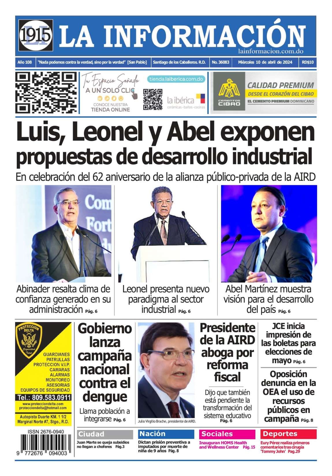 Portada Periódico La Información, Miércoles 10 Abril, 2024