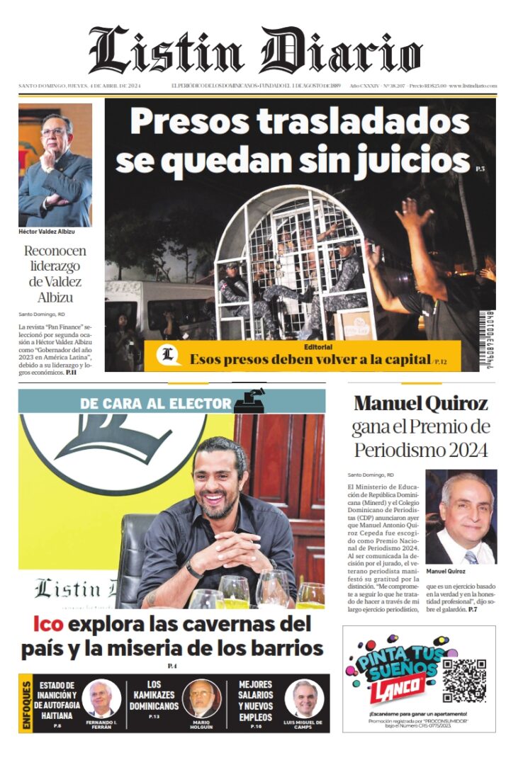 Portada Periódico Listín Diario, Jueves 04 Abril, 2024
