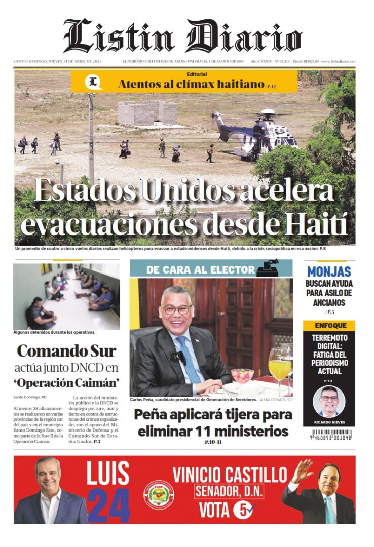 Portada Periódico Listín Diario, Jueves 11 Abril, 2024