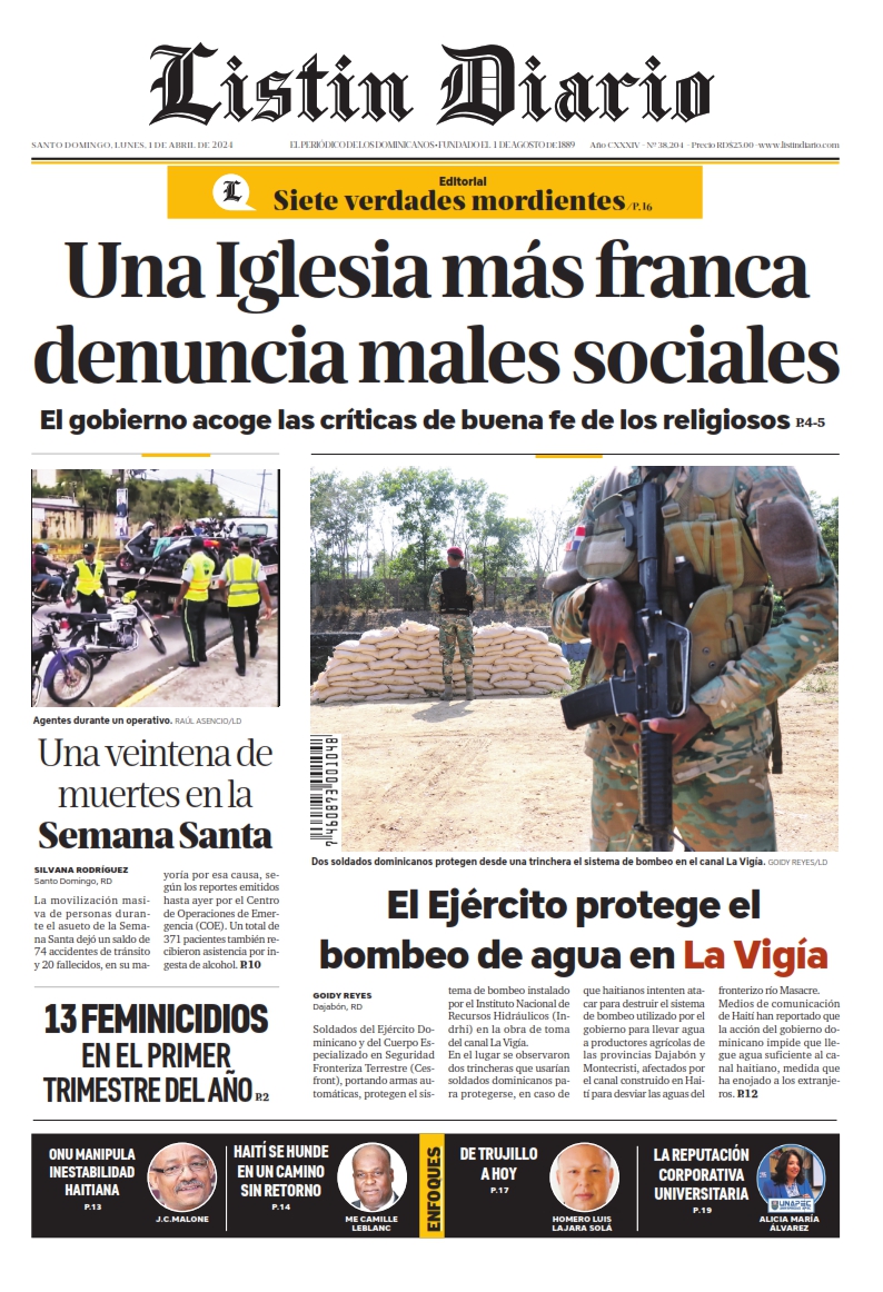 Portada Periódico Listín Diario, Lunes 01 Abril, 2024