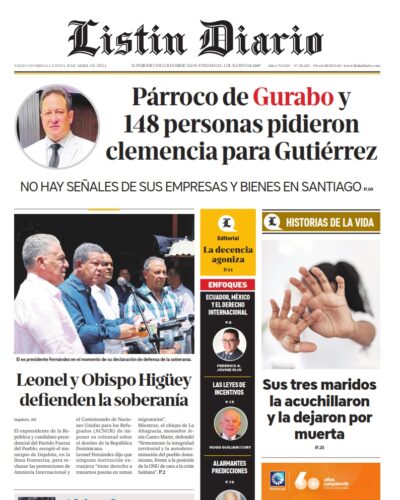 Portada Periódico Listín Diario, Lunes 08 Abril, 2024