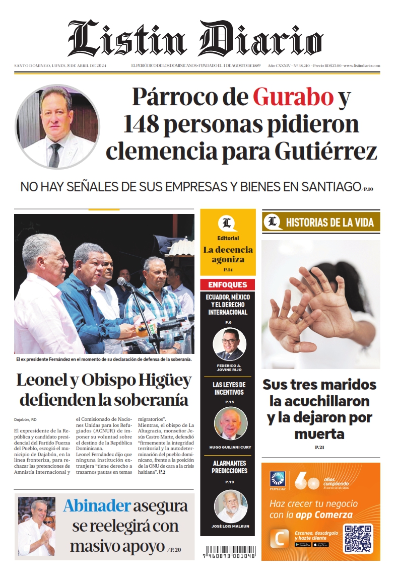Portada Periódico Listín Diario, Lunes 08 Abril, 2024