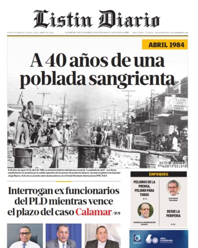 Portada Periódico Listín Diario, Lunes 22 Abril, 2024