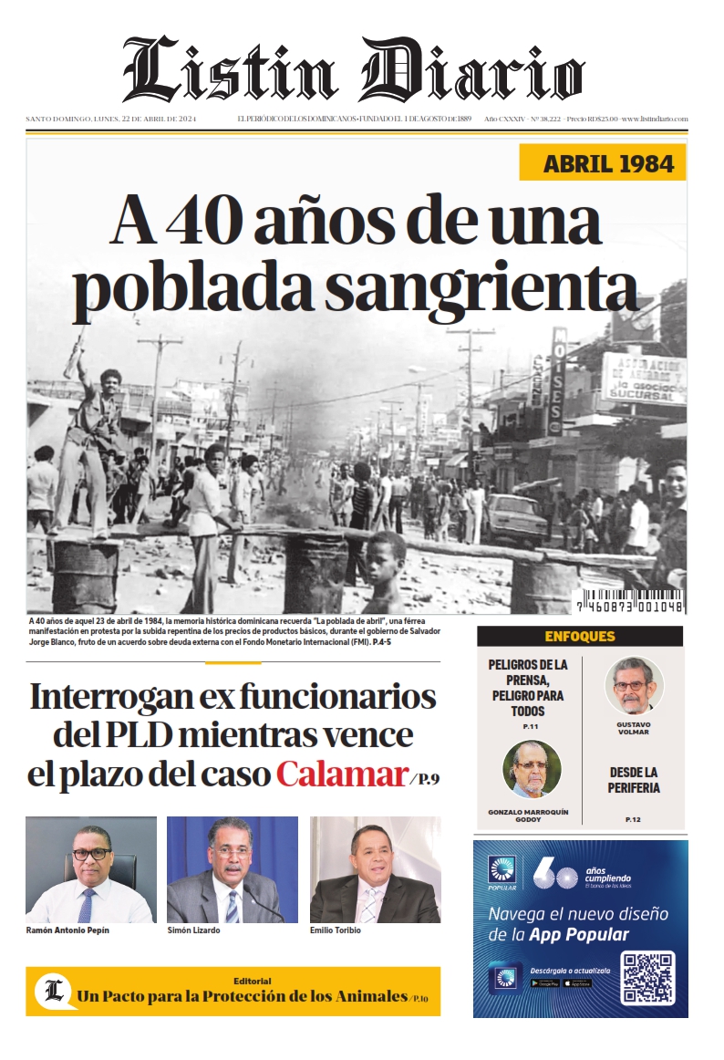 Portada Periódico Listín Diario, Lunes 22 Abril, 2024