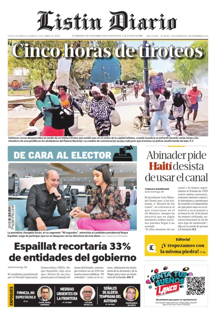 Portada Periódico Listín Diario, Martes 02 Abril, 2024