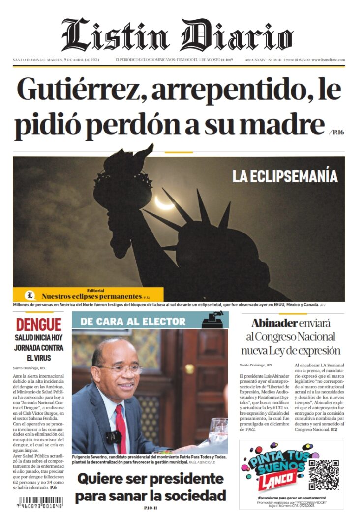 Portada Periódico Listín Diario, Martes 09 Abril, 2024