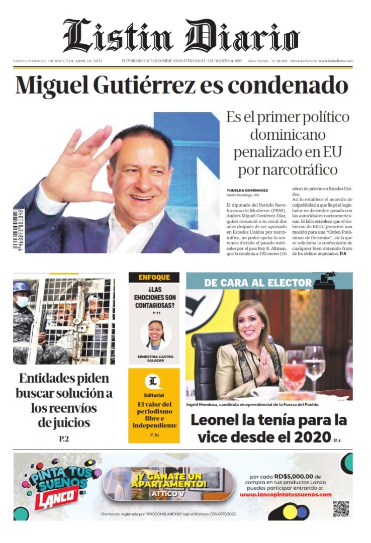 Portada Periódico Listín Diario, Viernes 05 Abril, 2024