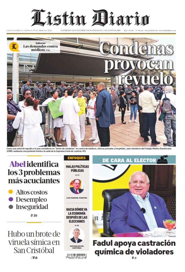 Portada Periódico Listín Diario, Viernes 19 Abril, 2024