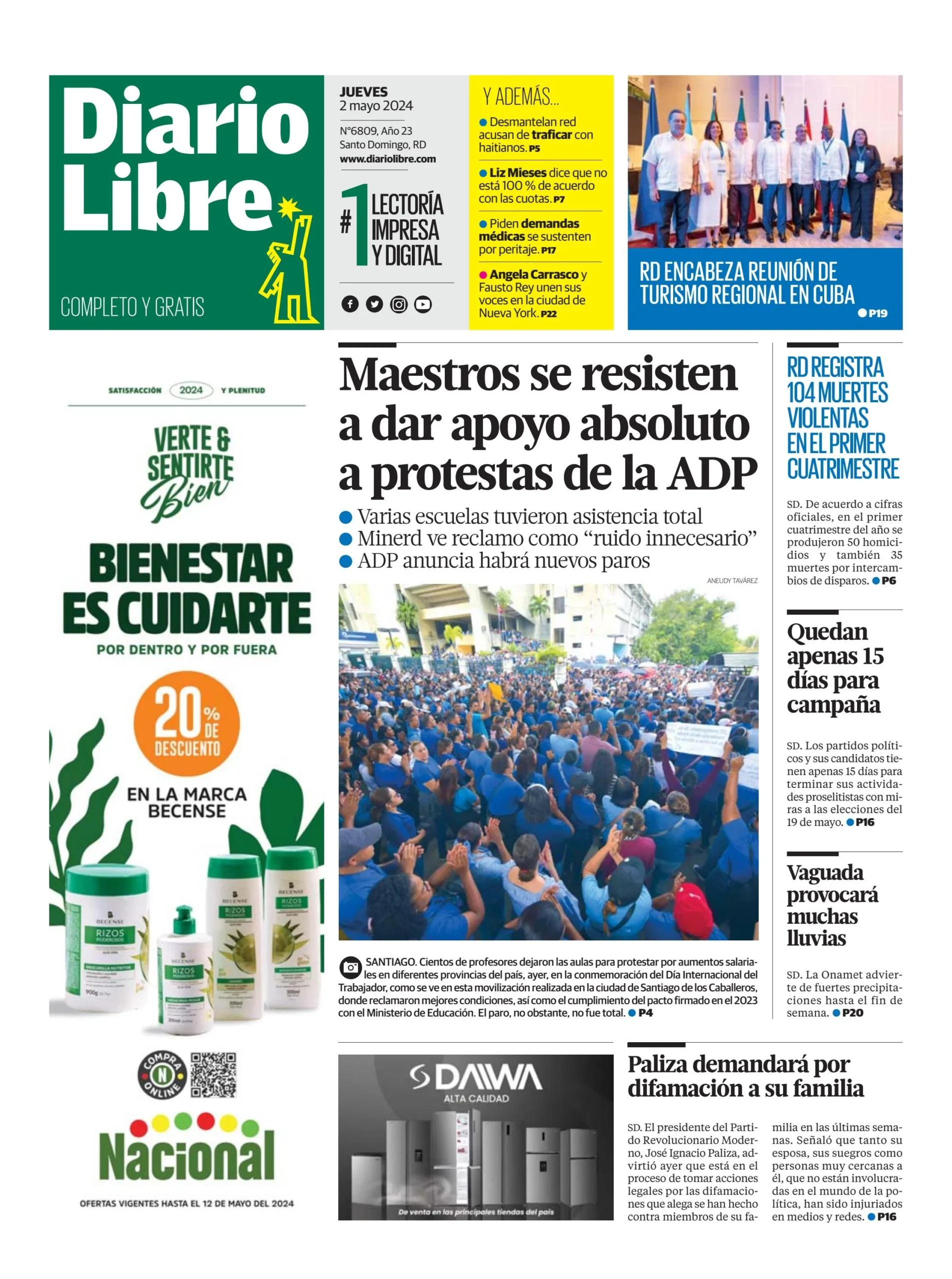 Portada Periódico Diario Libre, Jueves 02 Mayo, 2024