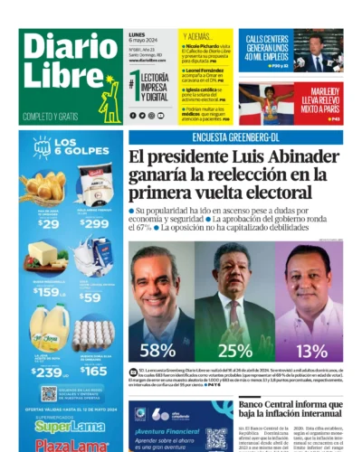 Portada Periódico Diario Libre, Lunes 06 Mayo, 2024