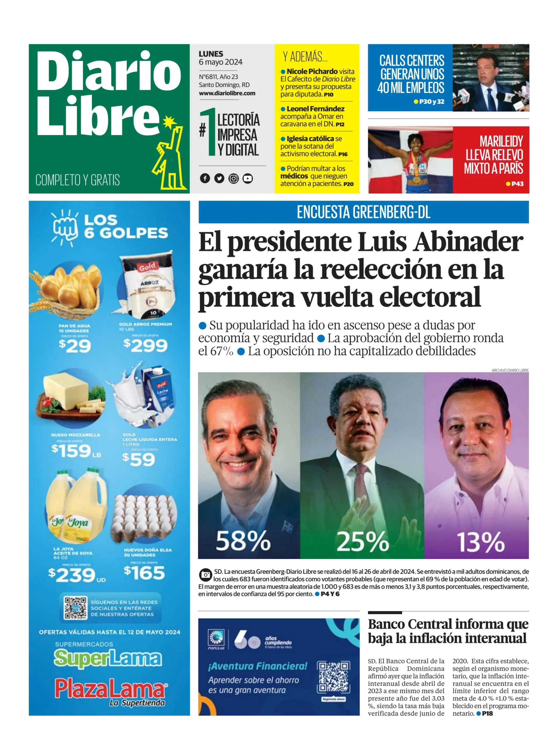 Portada Periódico Diario Libre, Lunes 06 Mayo, 2024
