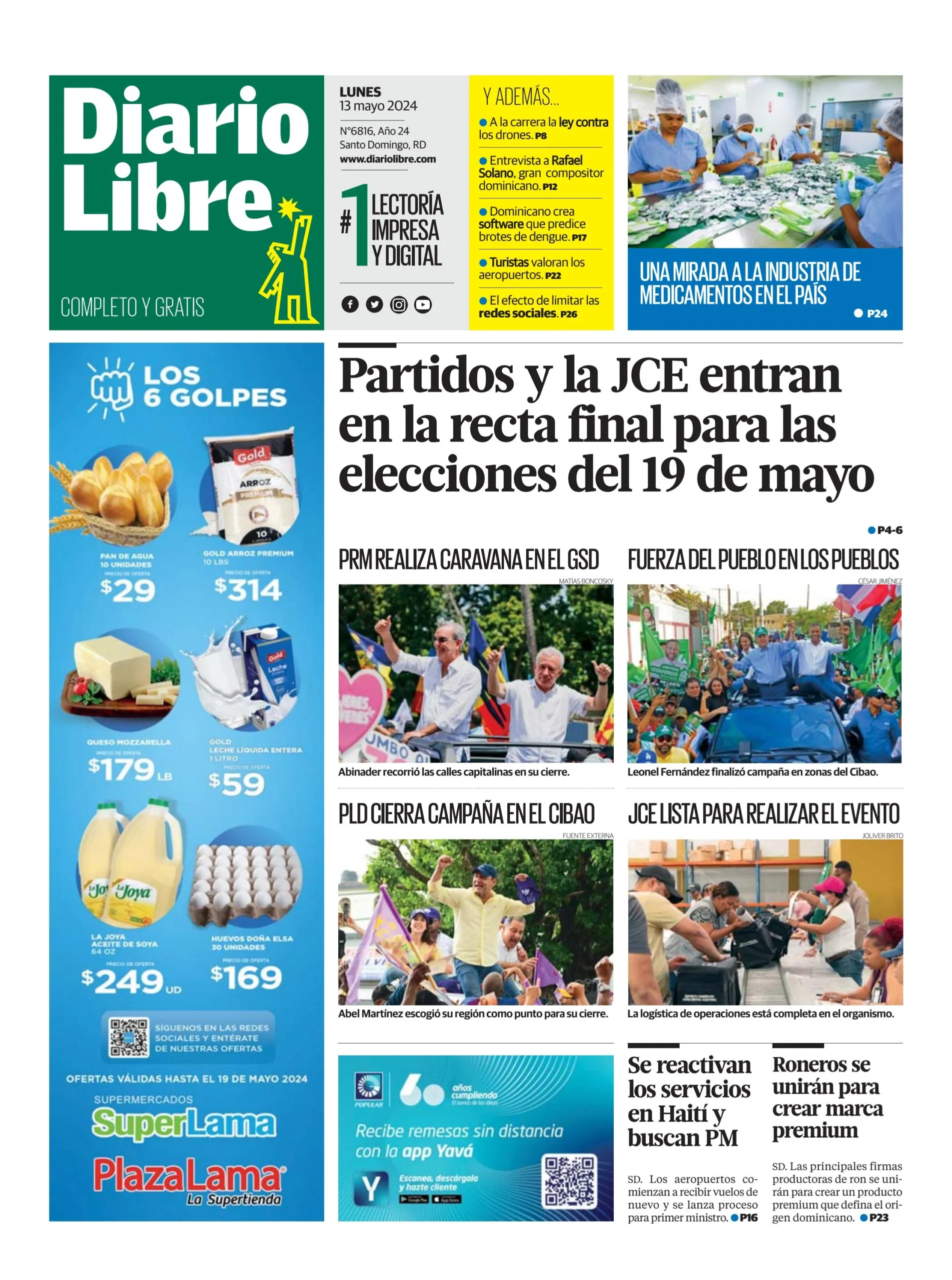 Portada Periódico Diario Libre, Lunes 13 Mayo, 2024