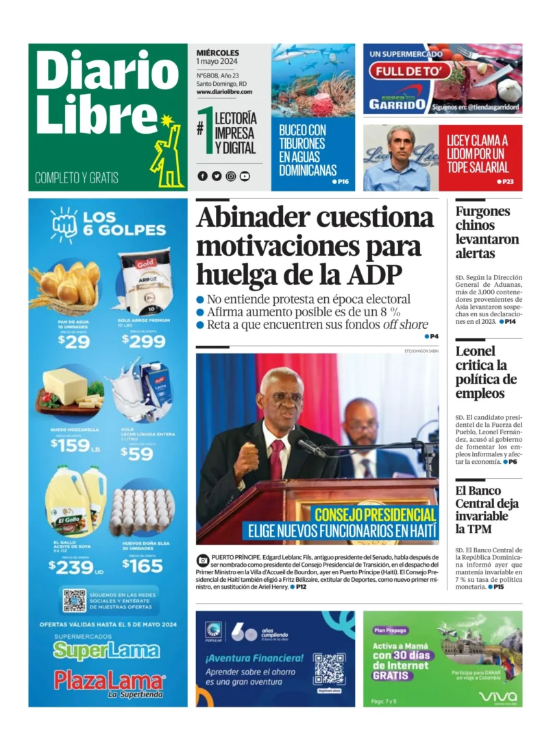 Portada Periódico Diario Libre, Miércoles 01 Mayo, 2024