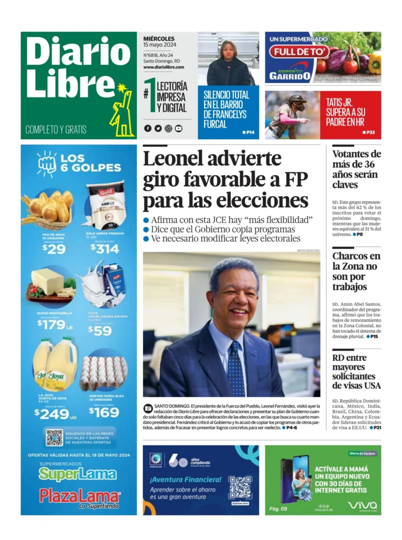Portada Periódico Diario Libre, Miércoles 15 Mayo, 2024