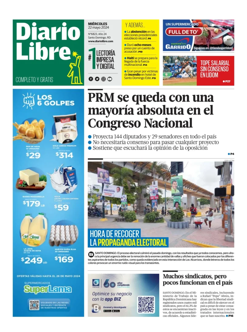 Portada Periódico Diario Libre, Miércoles 22 Mayo, 2024