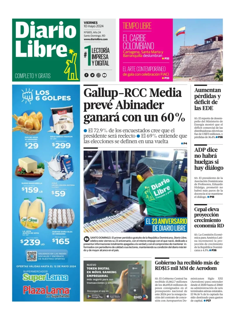 Portada Periódico Diario Libre, Viernes 10 Mayo, 2024