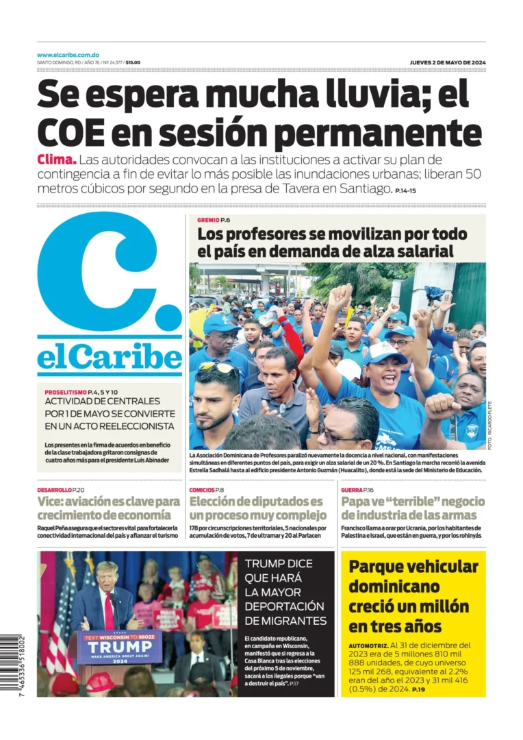 Portada Periódico El Caribe, Jueves 02 Mayo, 2024