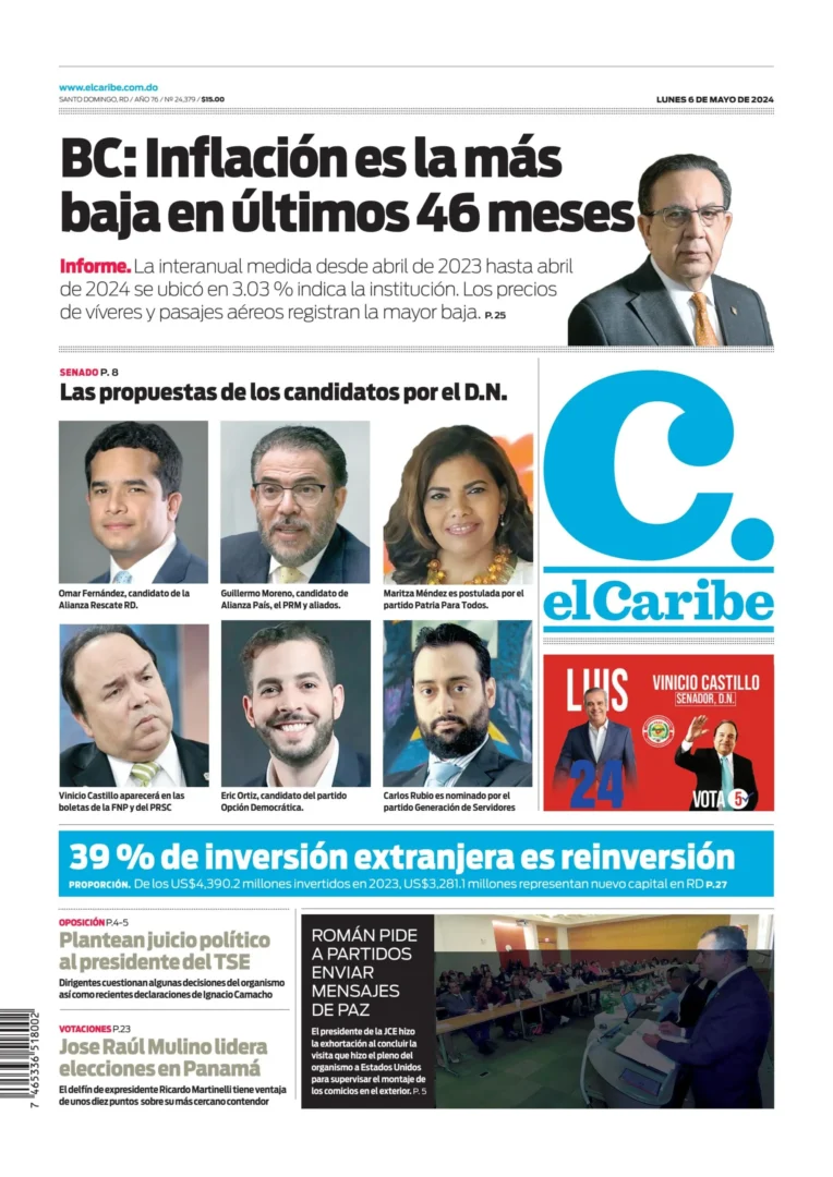 Portada Periódico El Caribe, Lunes 06 Mayo, 2024