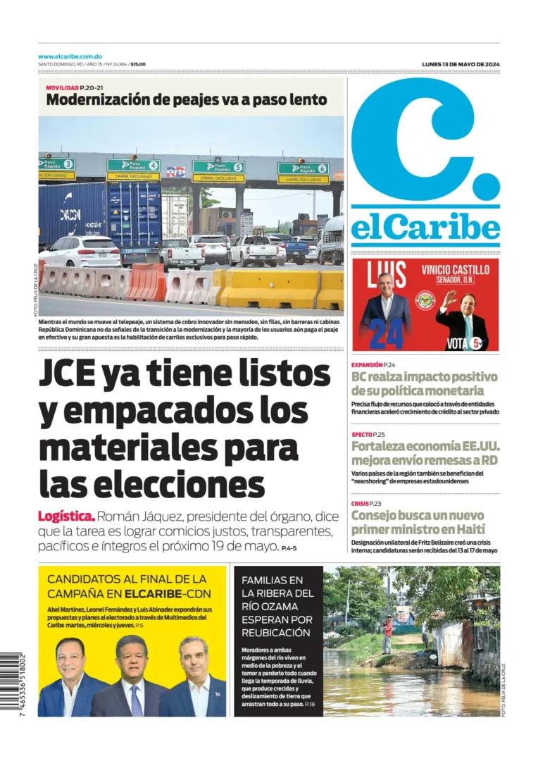 Portada Periódico El Caribe, Lunes 13 Mayo, 2024