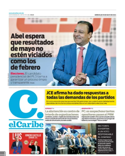 Portada Periódico El Caribe, Miércoles 15 Mayo, 2024