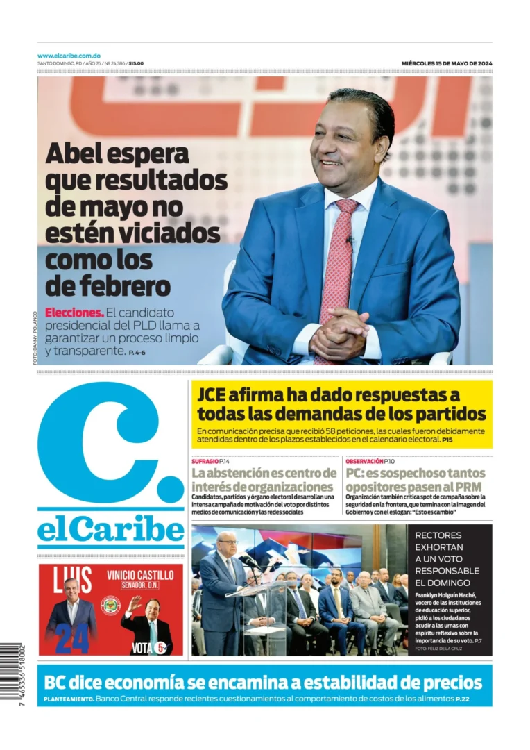 Portada Periódico El Caribe, Miércoles 15 Mayo, 2024