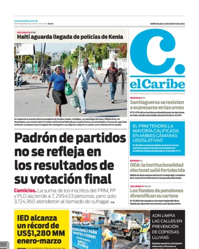 Portada Periódico El Caribe, Miércoles 22 Mayo, 2024