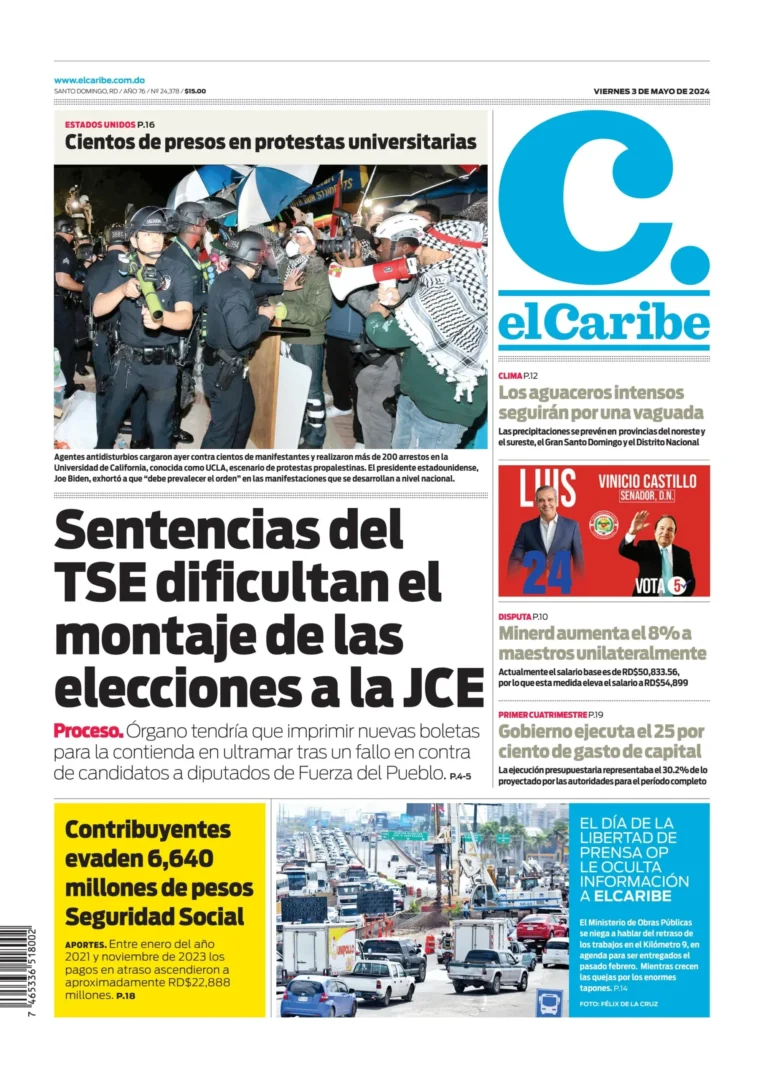 Portada Periódico El Caribe, Viernes 03 Mayo, 2024